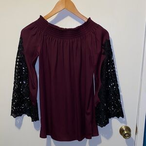 Women's Off-Shoulder Burgundy Blouse with Black Lace Bell Sleeves